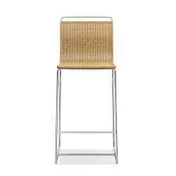 Metal and Rattan Bar Stool, Natural, Polished Nickel