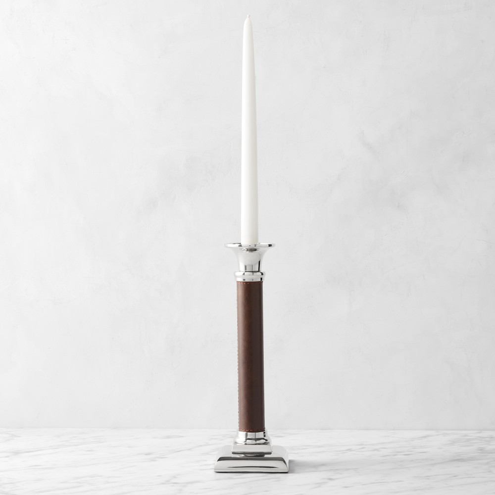 Winston Brown Leather Wrapped Taper Holder - Polished Nickel, Large