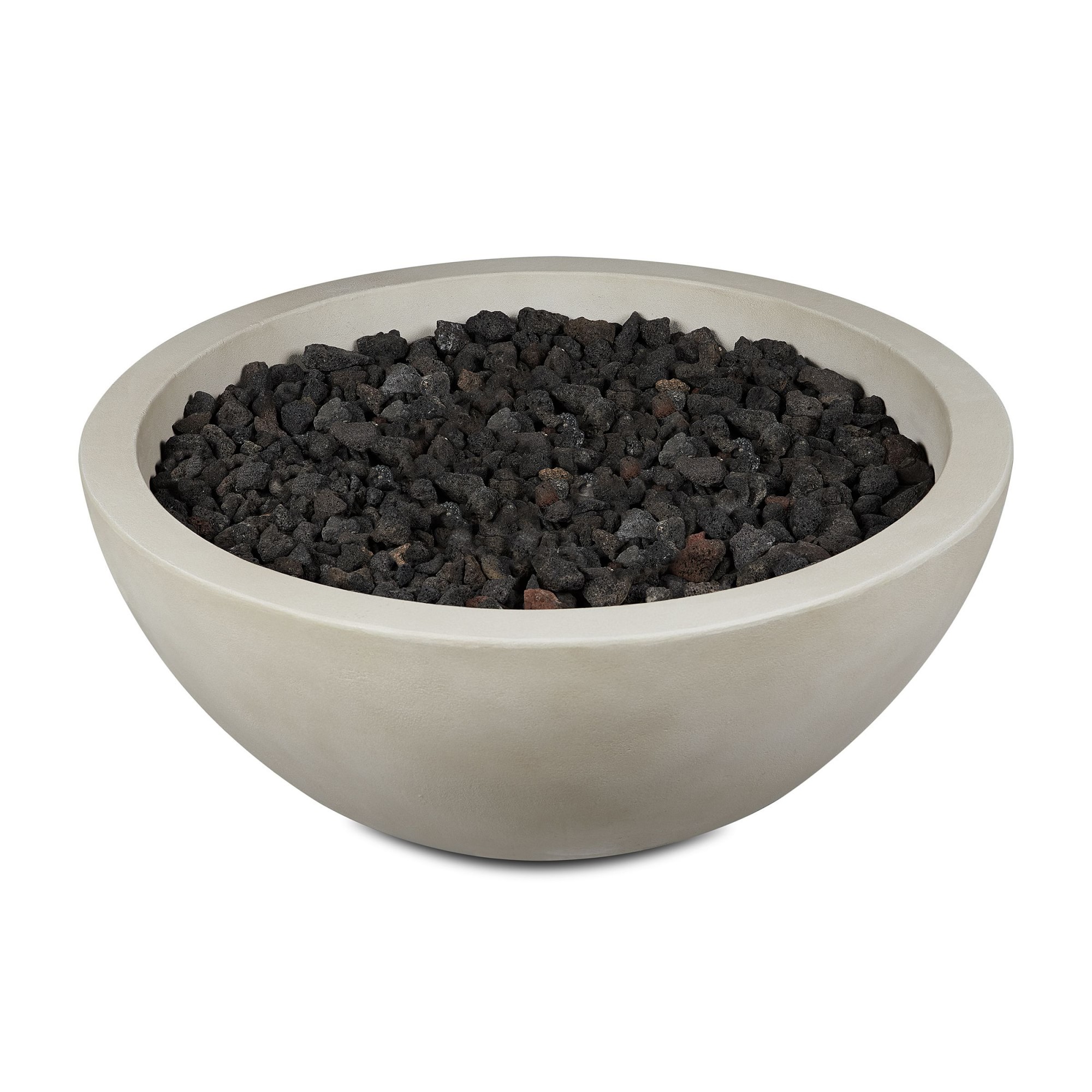 Beige round concrete fire pit bowl filled with black lava rock and a power cord with hose adapter visible