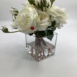 OPEN BOX: Faux White Rose Arrangement in Small Square Vase