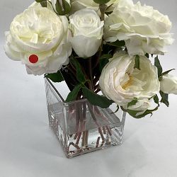 OPEN BOX: Faux White Rose Arrangement in Small Square Vase