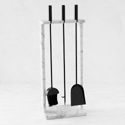 Carrara Marble Fireplace Tool Set and Holder, Black Oak/Bronze