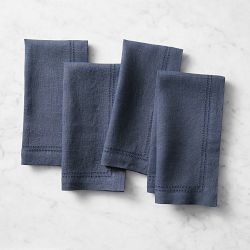 Linen Double Hemstitch Napkins, Set of 4, Navy Blue