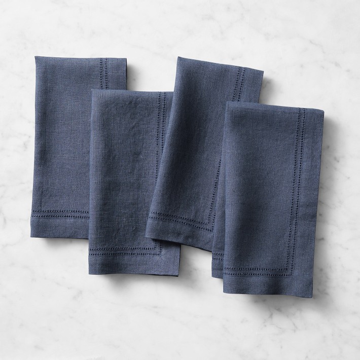 Linen Double Hemstitch Napkins, Set of 4, Navy Blue