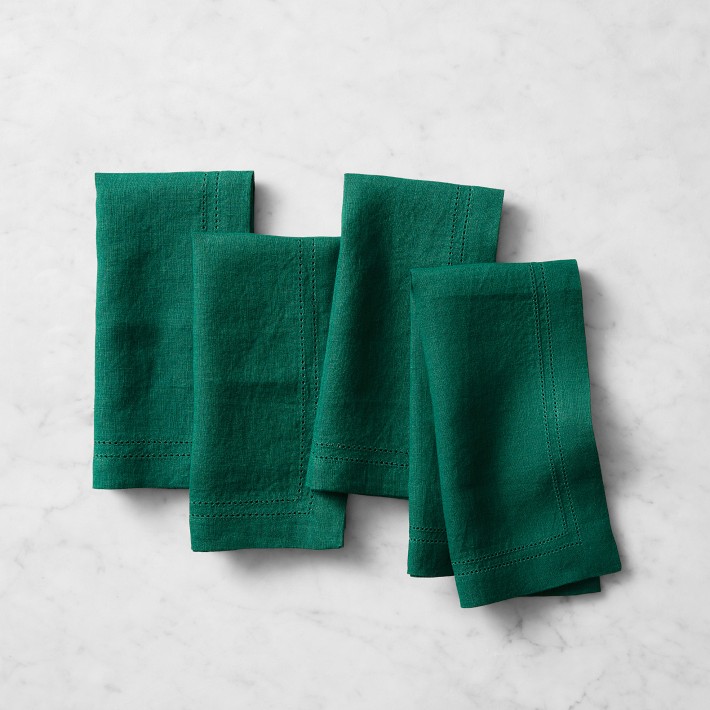 Linen Double Hemstitch Napkins, Set of 4, Evergreen