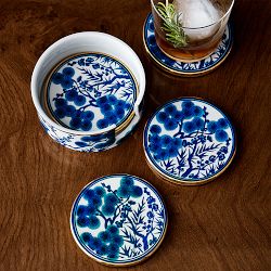 Chinoiserie Ceramic Coasters with Holder, Blue and White