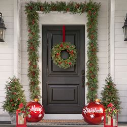 Outdoor Winter Evergreen Pre-Lit Tree in Black Pot, Set of 2