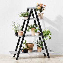 Vintage A-Frame Ladder Plant Stand with Galvanized Shelves