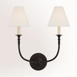 Piaf Double Sconce, Aged Iron with Linen Shade