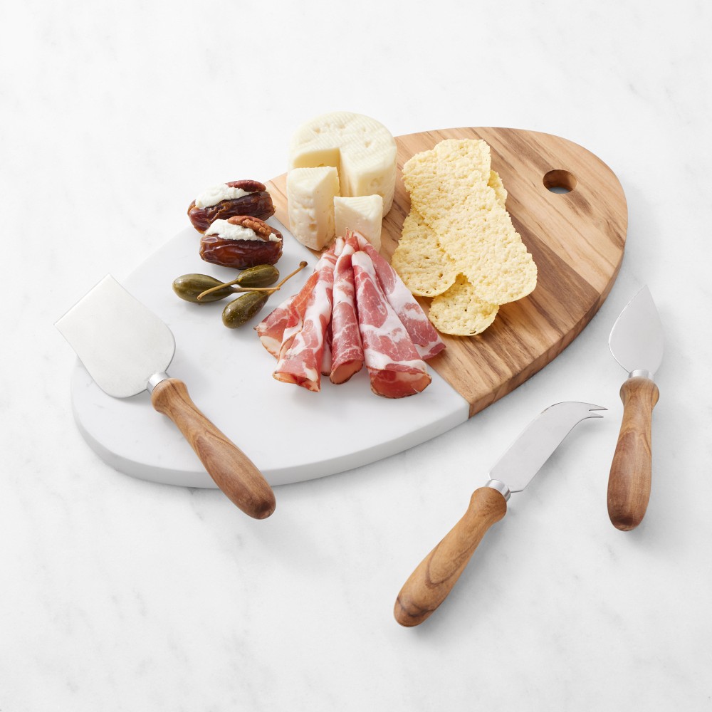 Olivewood & White Marble Oval Cheese Board with Knives