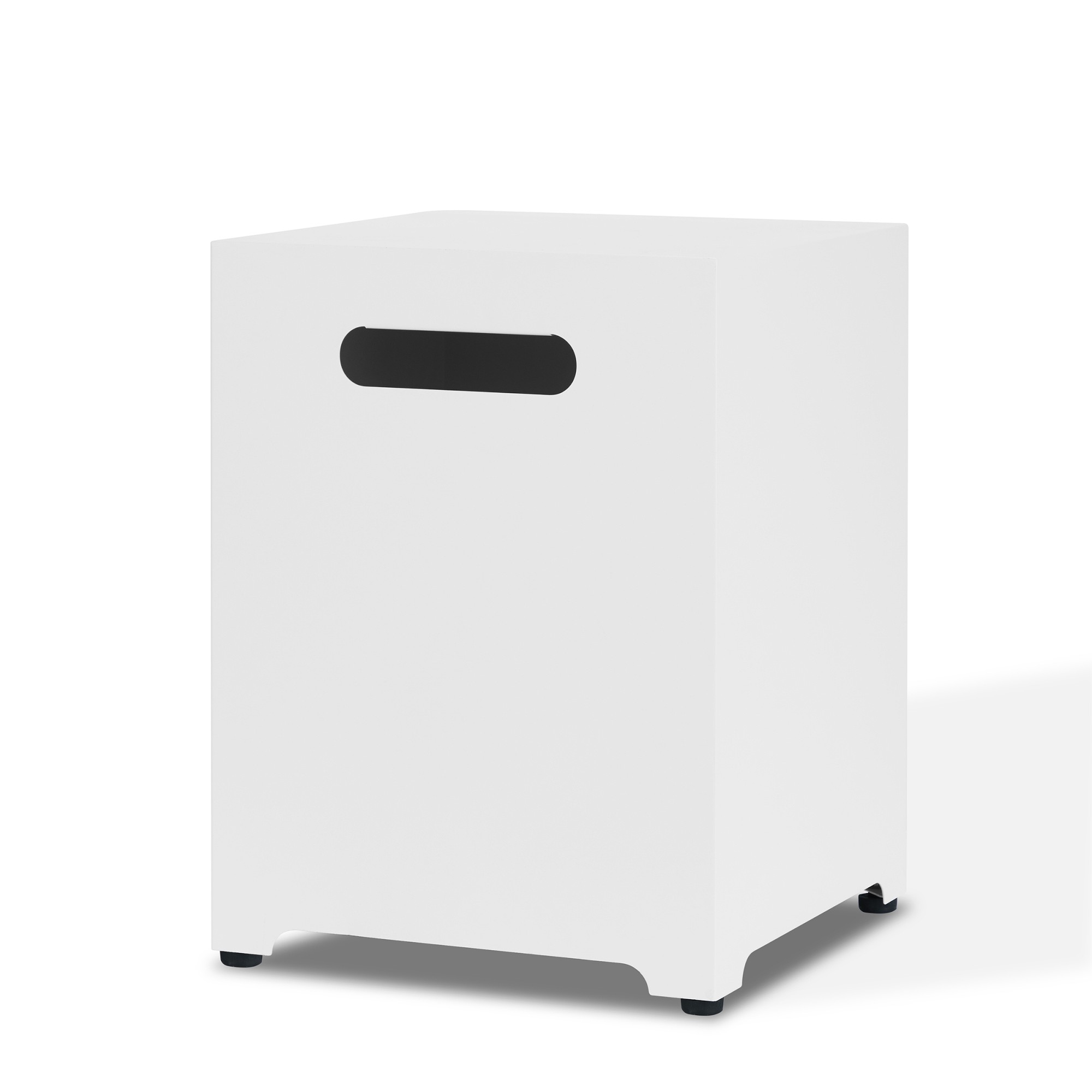 A white storage cube with cutout handle, showing rear feet and plinth base.