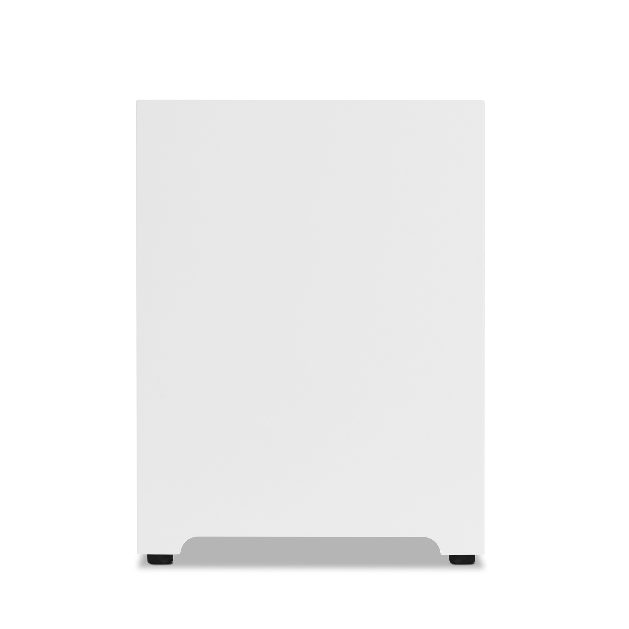 A white storage cube from the front, with a recessed plinth notch at the bottom, showing feet.
