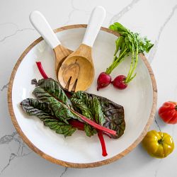 Jeanne Fitz Wood &amp; White Salad Bowl &amp; Servers Set