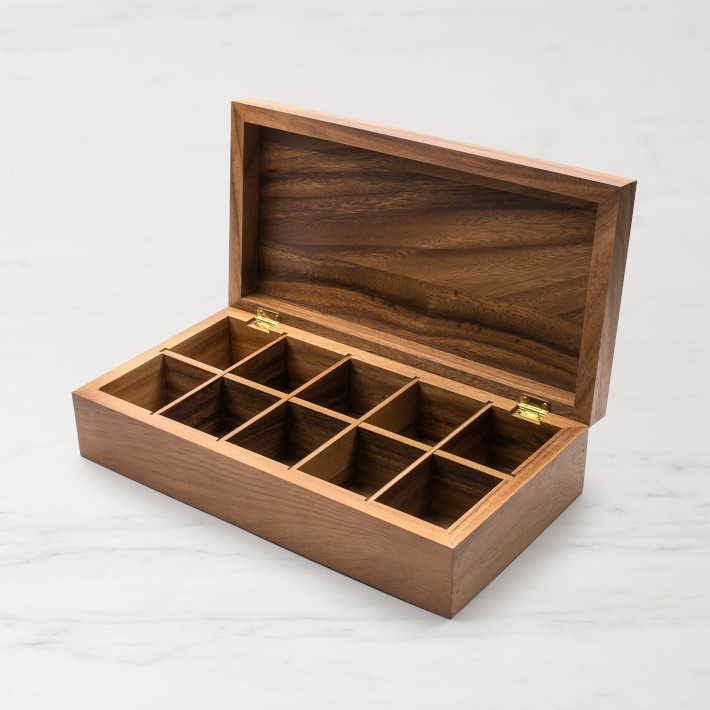 10-Compartment Double Tea Box, Acacia Wood