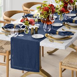 Linen Double Hemstitch Table Runner, Navy Blue