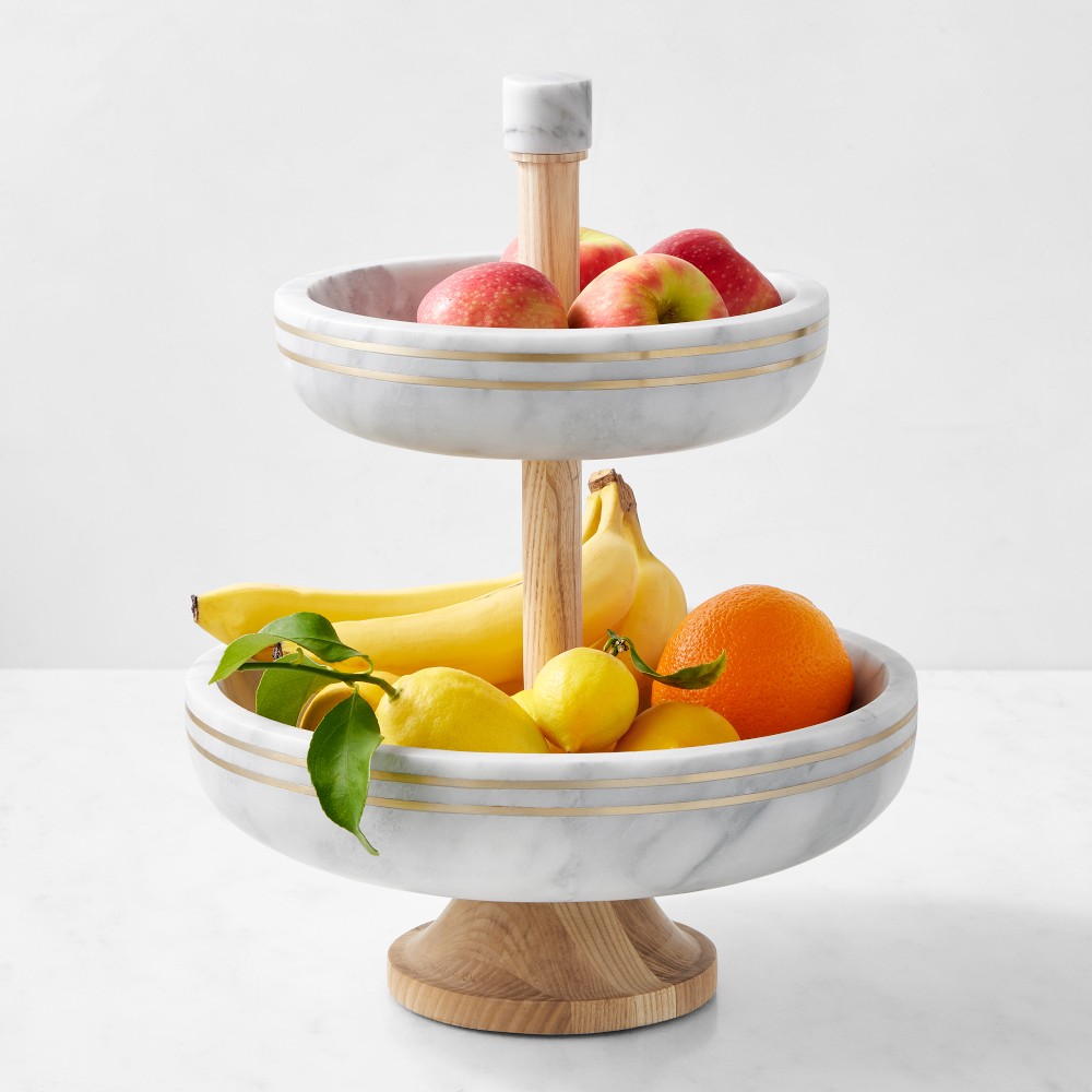 Williams Sonoma Arabescato Marble with Brass Inlay Two Tier Fruit Bowl - Two-Tiered