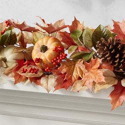 Fall Pumpkin &amp; Maple Leaves UV Protected Faux Wreath &amp; Garland