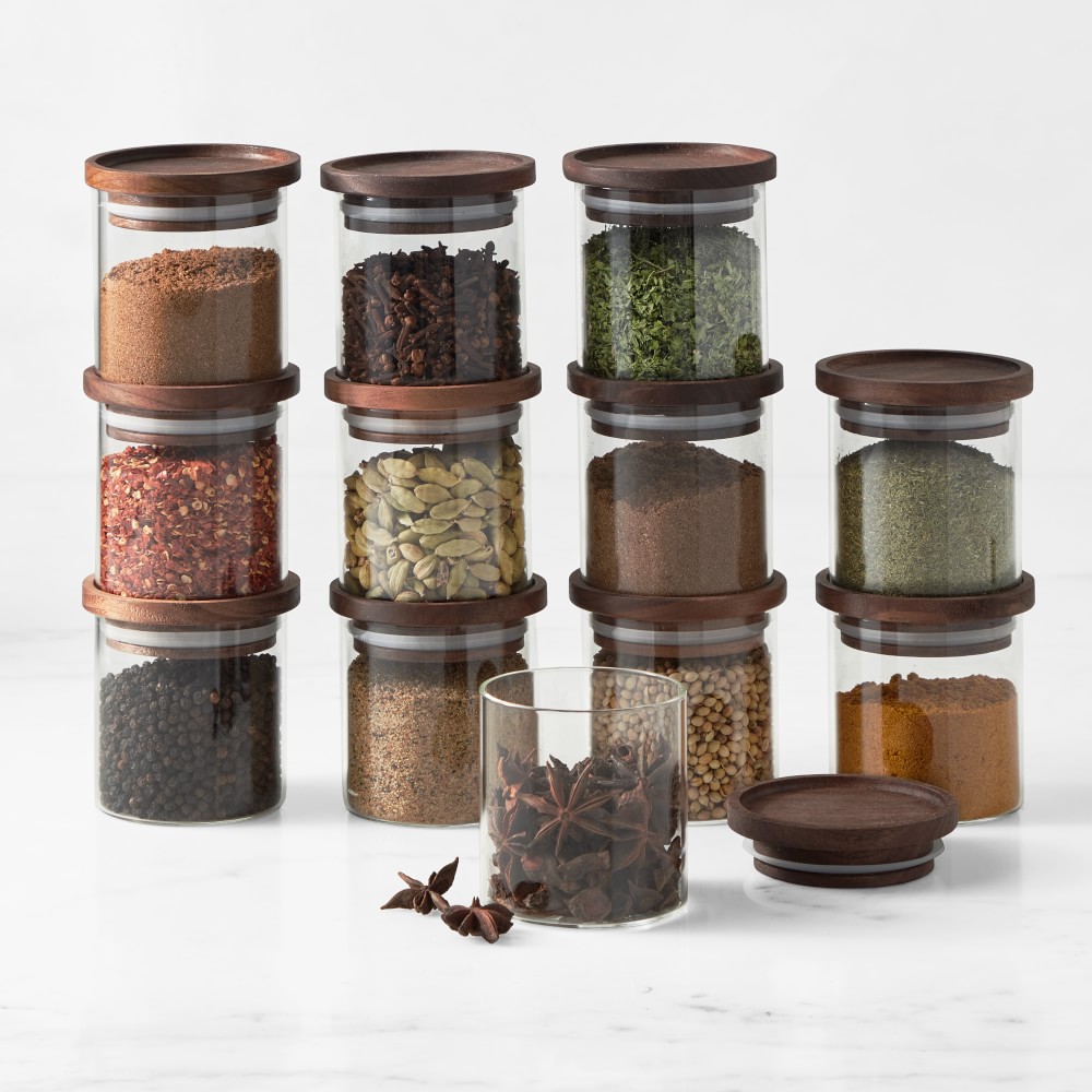 Hold Everything Stackable Spice Jars - Walnut Finish, Set of 12