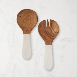 Jeanne Fitz Wood &amp; White Salad Bowl &amp; Servers Set