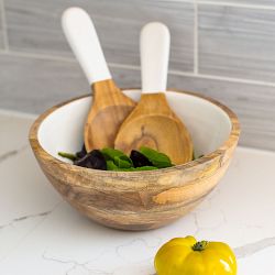 Jeanne Fitz Wood &amp; White Salad Bowl &amp; Servers Set