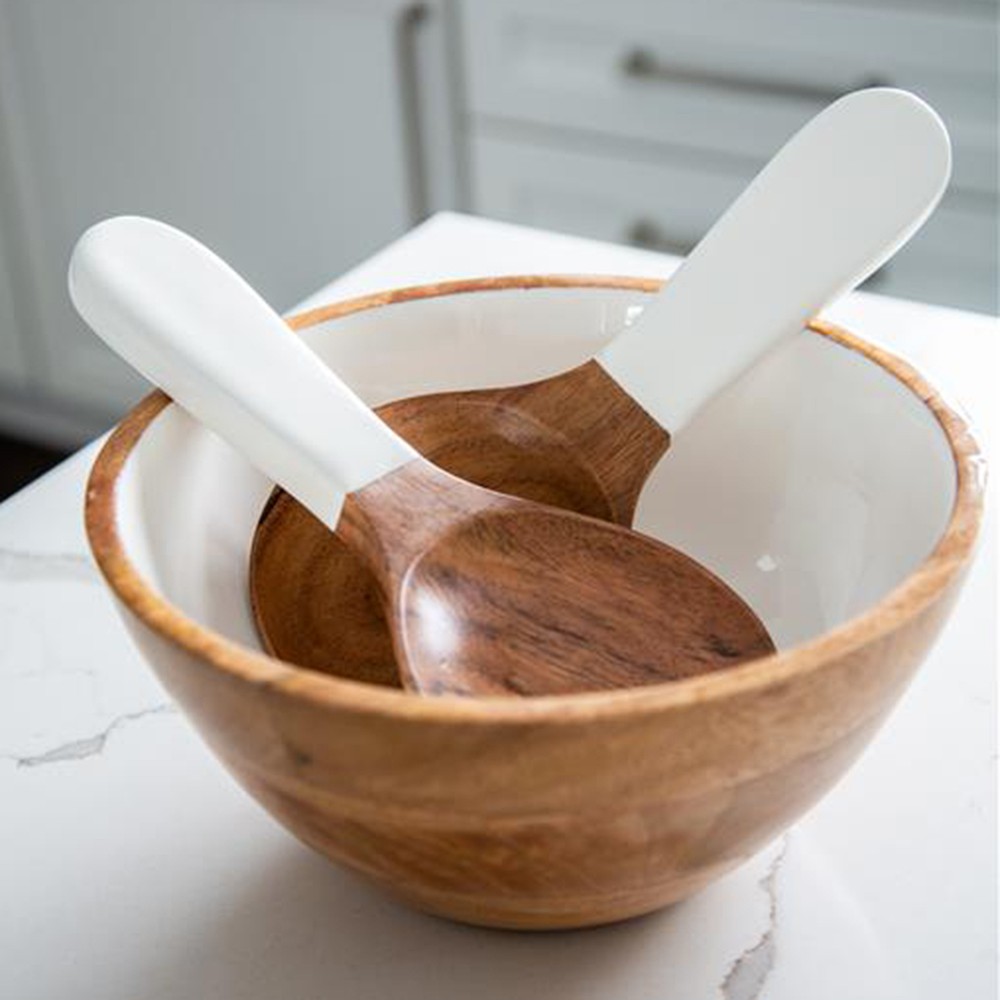 Jeanne Fitz Wood & White Salad Bowl & Servers Set