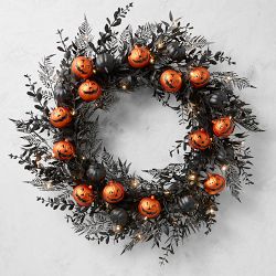 Pre-Lit Jack O'Lantern & Black Pumpkin Faux Wreath, 28"