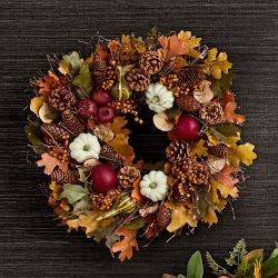 Pomegranate &amp; Pumpkin Cornucopia Live Wreath, 20"
