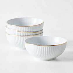 Pillivuyt Plisse Gold Cereal Bowls, Set of 4, Gold Rim