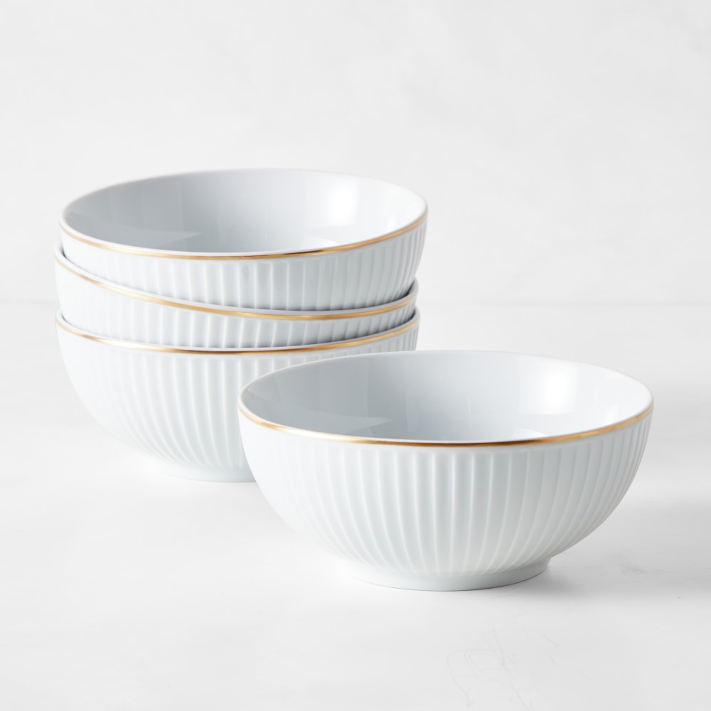 Pillivuyt Plisse Gold Porcelain Cereal Bowls - Set of 4, Gold Rim