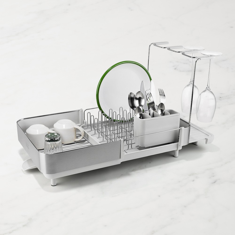 Joseph Joseph Extend Steel Plus Expandable Dish Rack with Wine Glass Holder - Light Stone