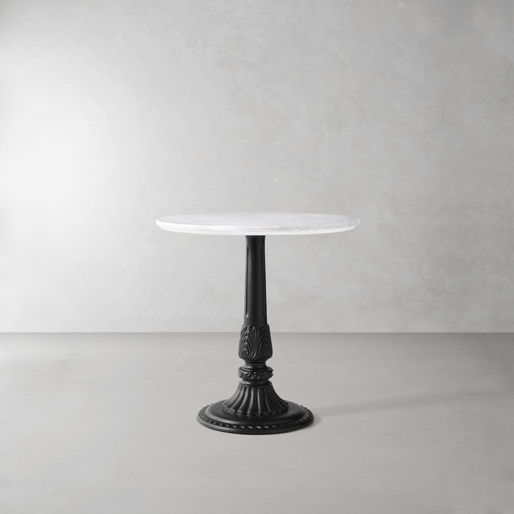 Cosmo Cast Iron Restaurant Table (30"-32") - 30" Round, Carrara Marble, Cast Iron Base
