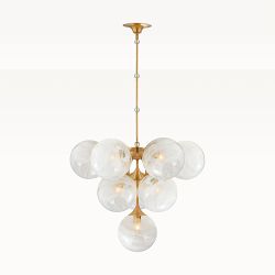 Cristol Tiered Chandelier, Hand-Rubbed Antique Brass, White Strie Glass