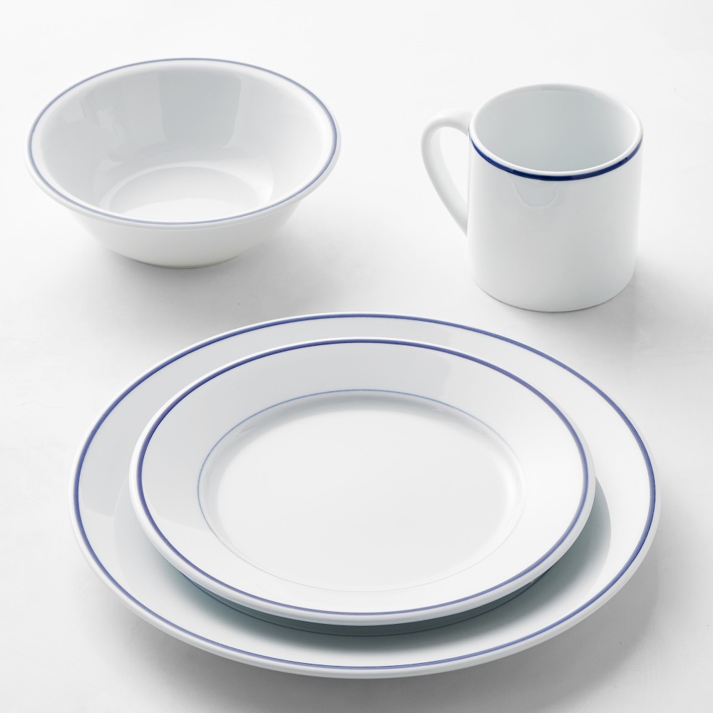 Apilco Tradition Blue-Banded Porcelain Dinnerware Sets (16-Set) with Cereal Bowls