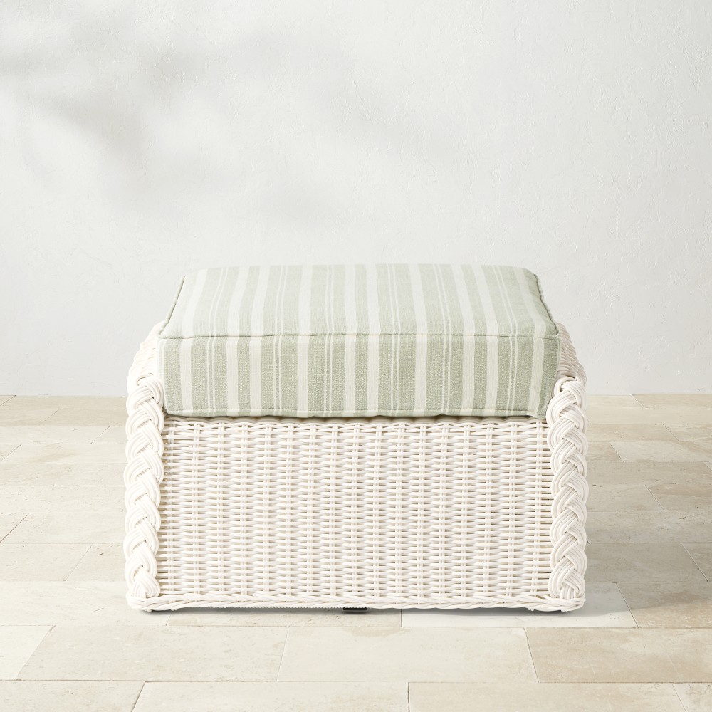 Square white wicker ottoman with striped cushion (front view)
