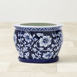 Blue &amp; White Ceramic Planter with Tray Collection