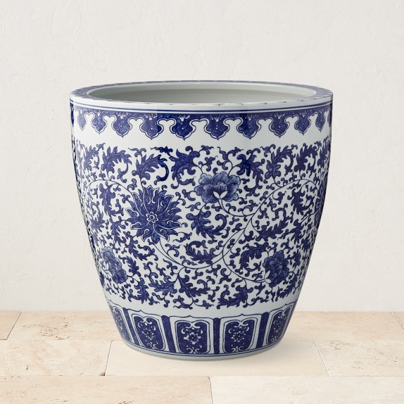 Blue and White Ceramic Outdoor Planter, Camelia