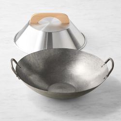 Williams Sonoma Traditional Flat Bottom Carbon Steel Double Handled Wok with Wok Lid