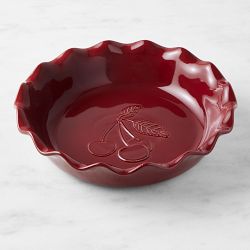 Emile Henry French Ceramic Artisan Cherry Embossed Ruffled Pie Dish