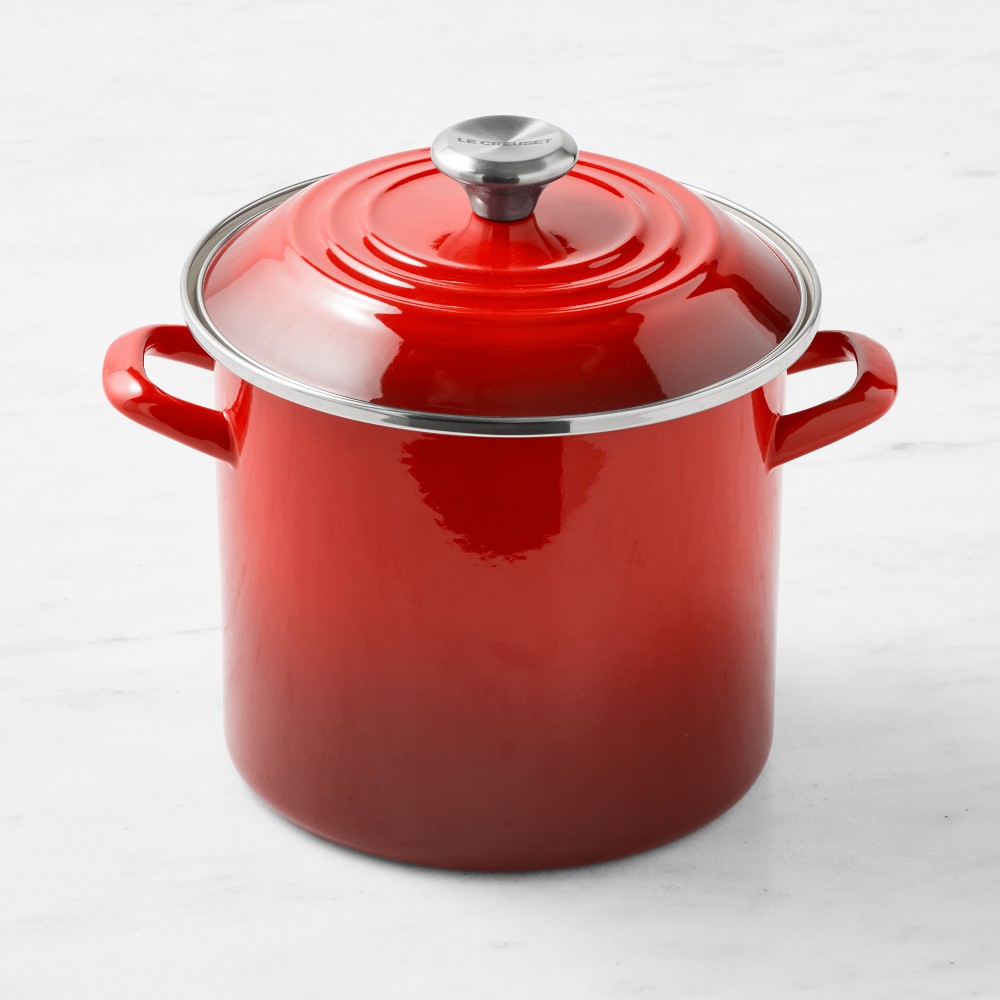 Le Creuset Enameled-Steel Stock Pot with Stainless-Steel Knob - 8-Qt., Red