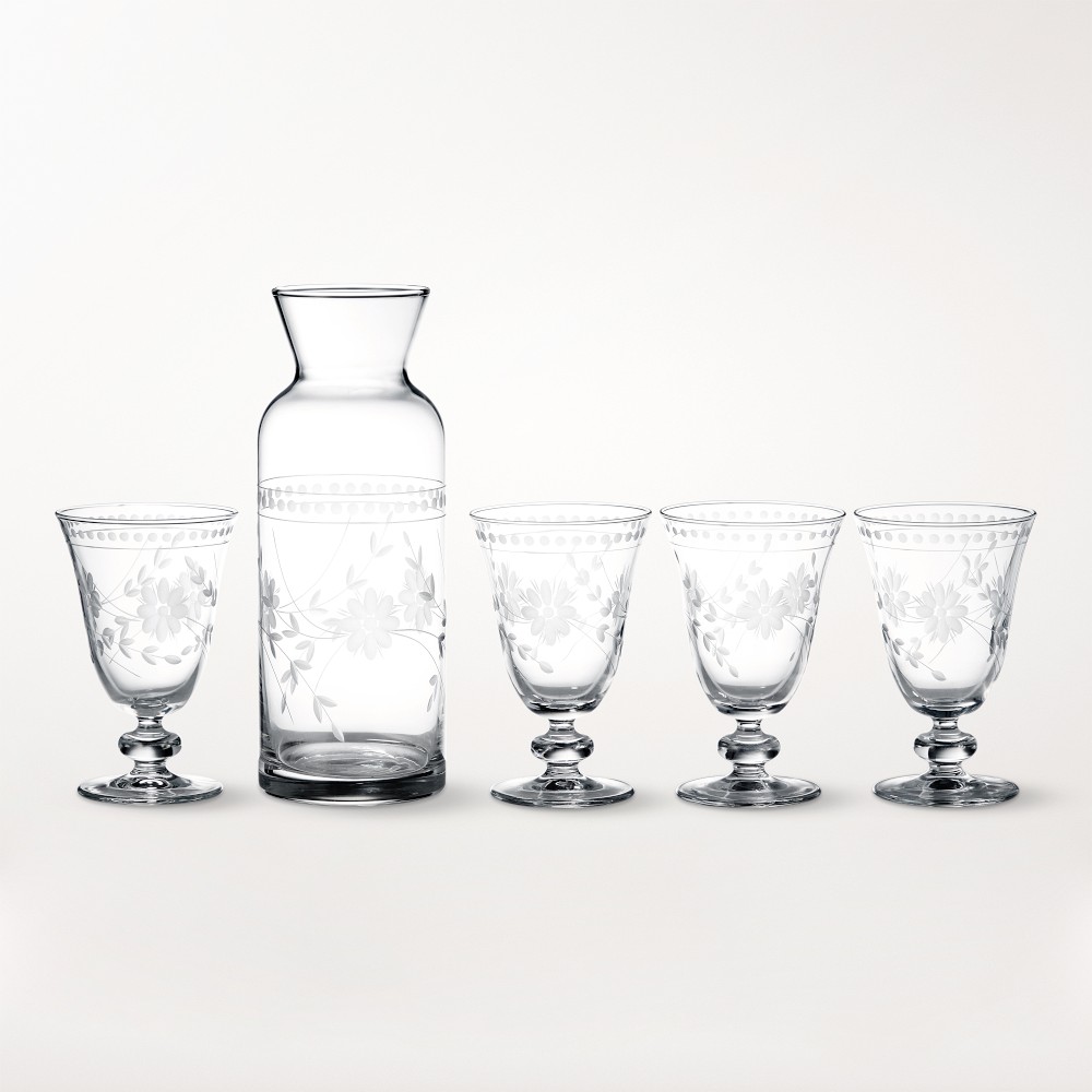 Vintage Etched Carafe & Goblets, 9-oz, Set of 4 - 9.25-oz, Set of 4