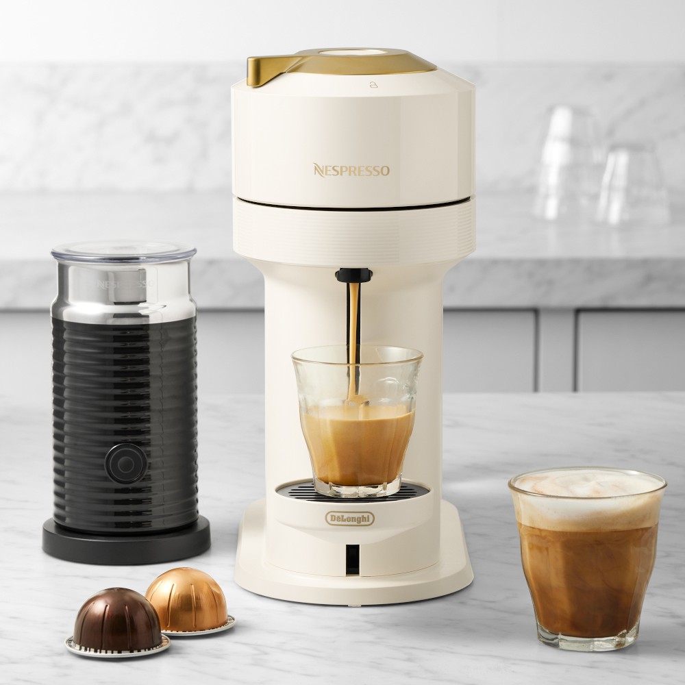 Nespresso Vertuo Next Espresso Machine with Aeroccino Milk Frother by De'Longhi - Creamy White with Gold Accents
