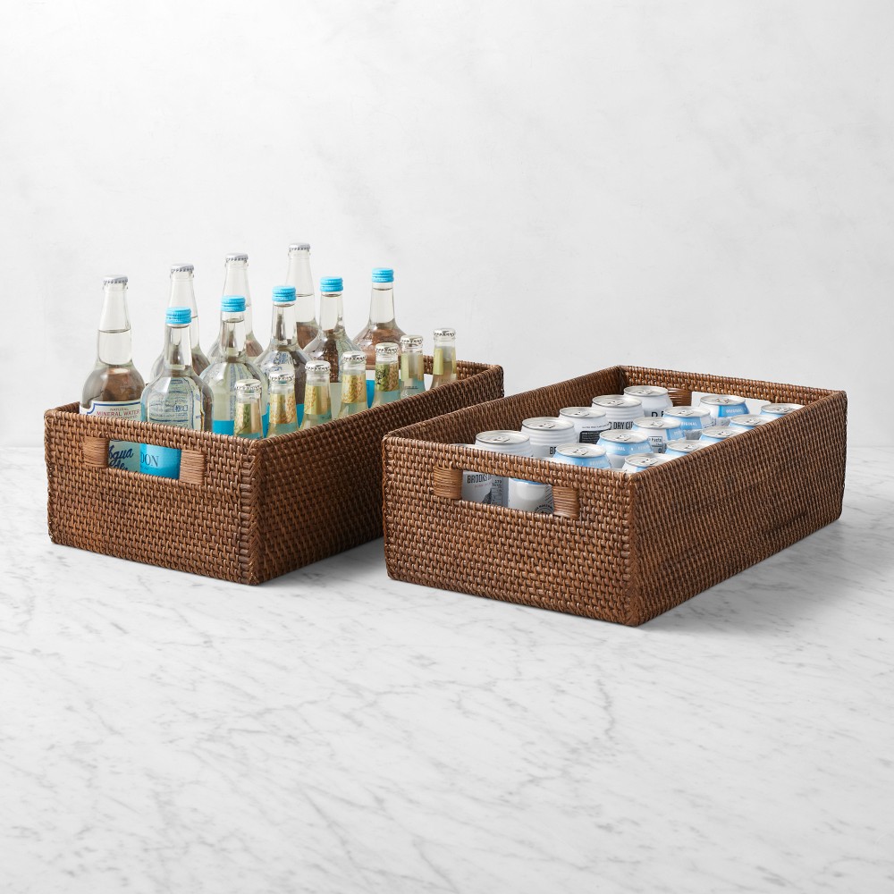 Hold Everything Rattan Cubby Pantry Baskets - Low Profile, Walnut, Set of 2