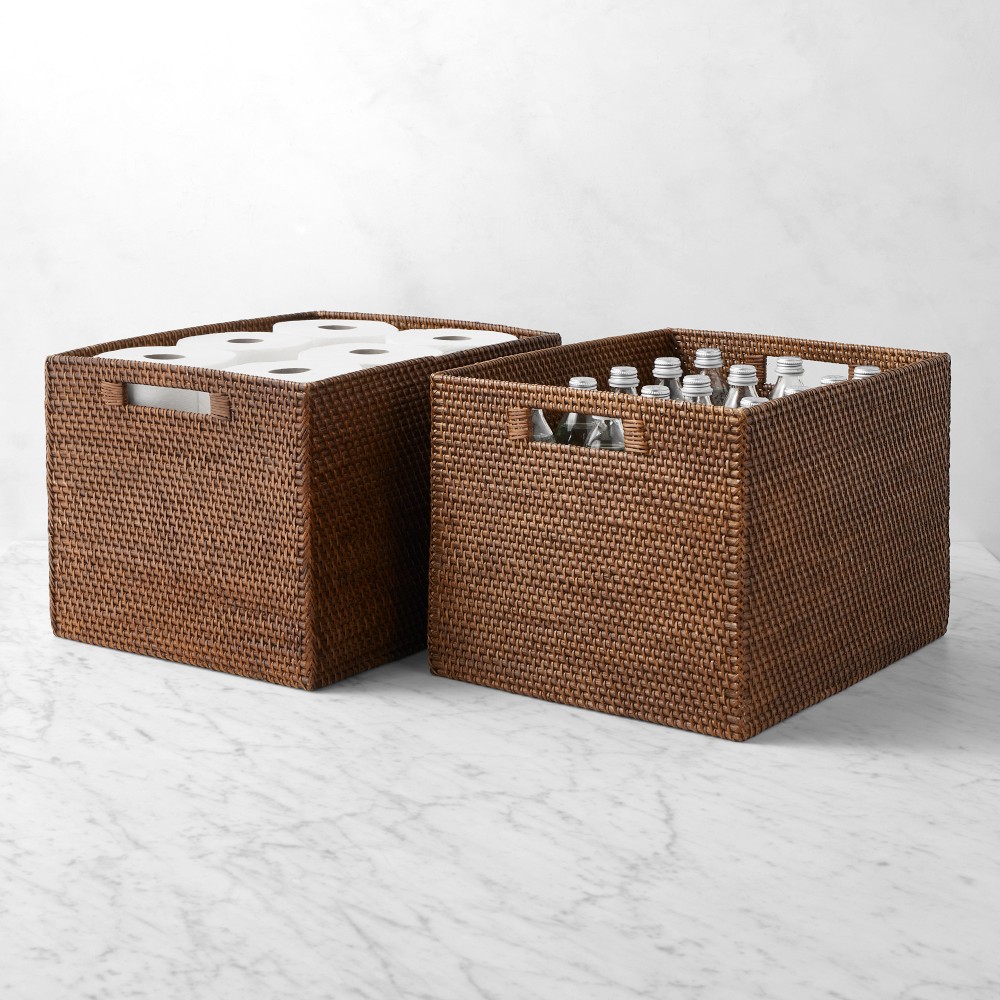 Hold Everything Rattan Cubby Pantry Baskets - Large, Walnut, Set of 2