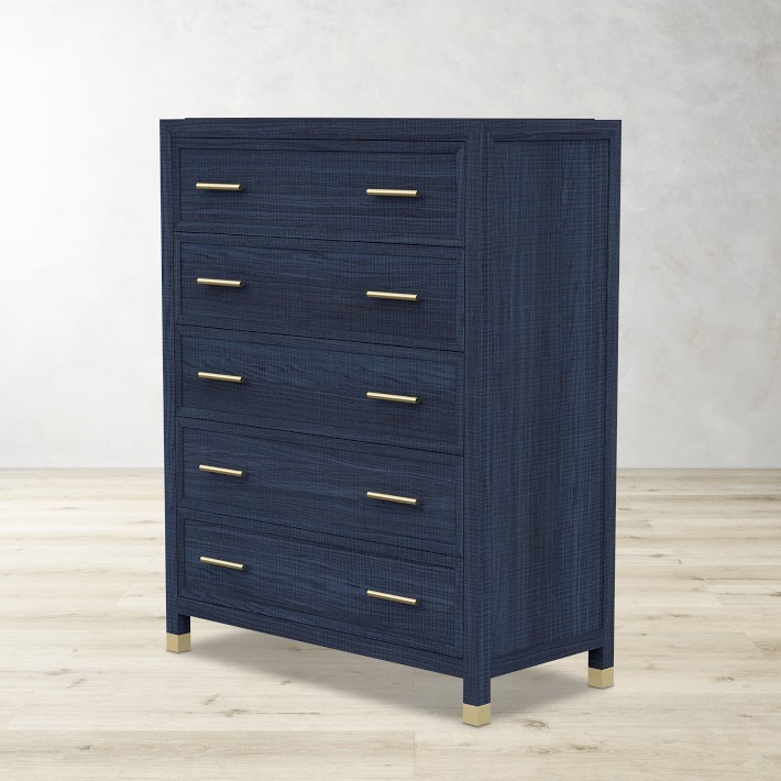 Majorca 5-Drawer Tall Chest, Blue/Denim Ash, Matte Brass | Williams Sonoma