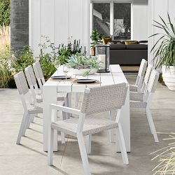 Larnaca Outdoor White Metal Dining Table &amp; All-Weather Weave Dining Chairs