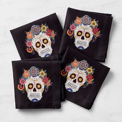 Day of the Dead Cocktail Napkins, 10" X 10", Set of 4, Black Skull