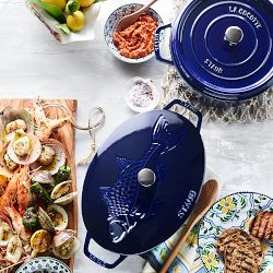 Staub Enameled Cast Iron Oval Gratin with Sea Bass Embossed Lid, 2 1/4 Qt.