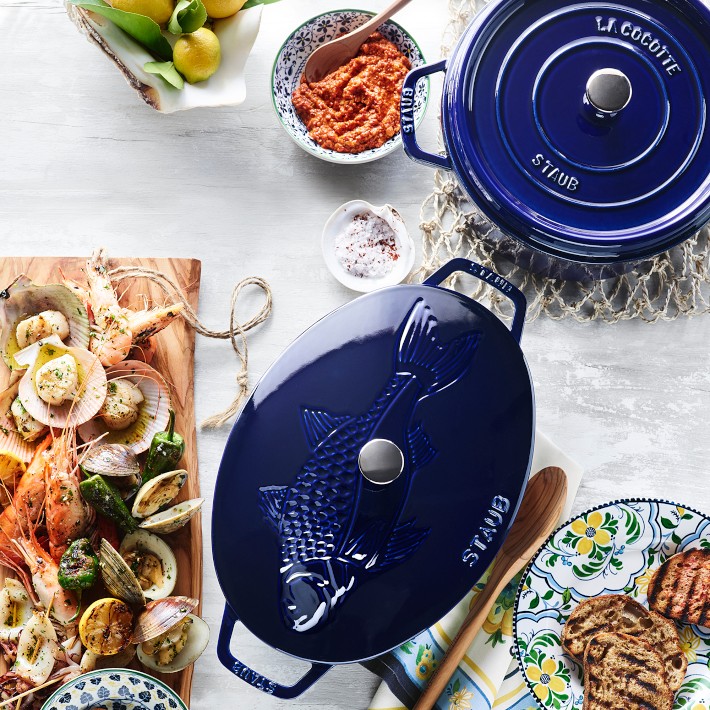 Staub Cast-Iron Oval Gratin Dish with Sea Bass Embossed Lid