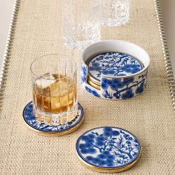 Chinoiserie Ceramic Coasters with Holder, Blue and White