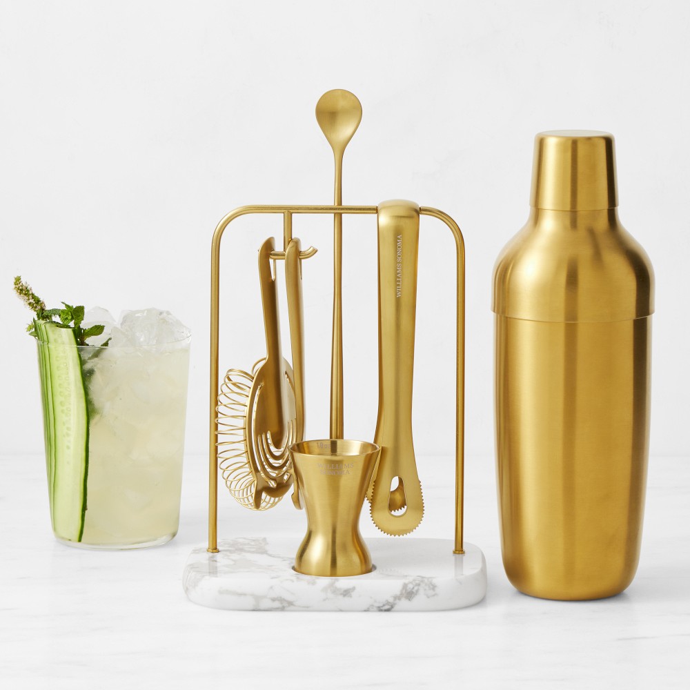 Williams Sonoma Encore Bar Tool Set with Marble Stand & Shaker - Antique Brass